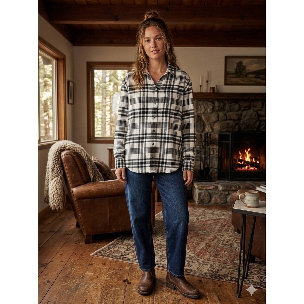 Madewell Oversized Flannel Shirt Black White Plaid Cotton Button Down Medium